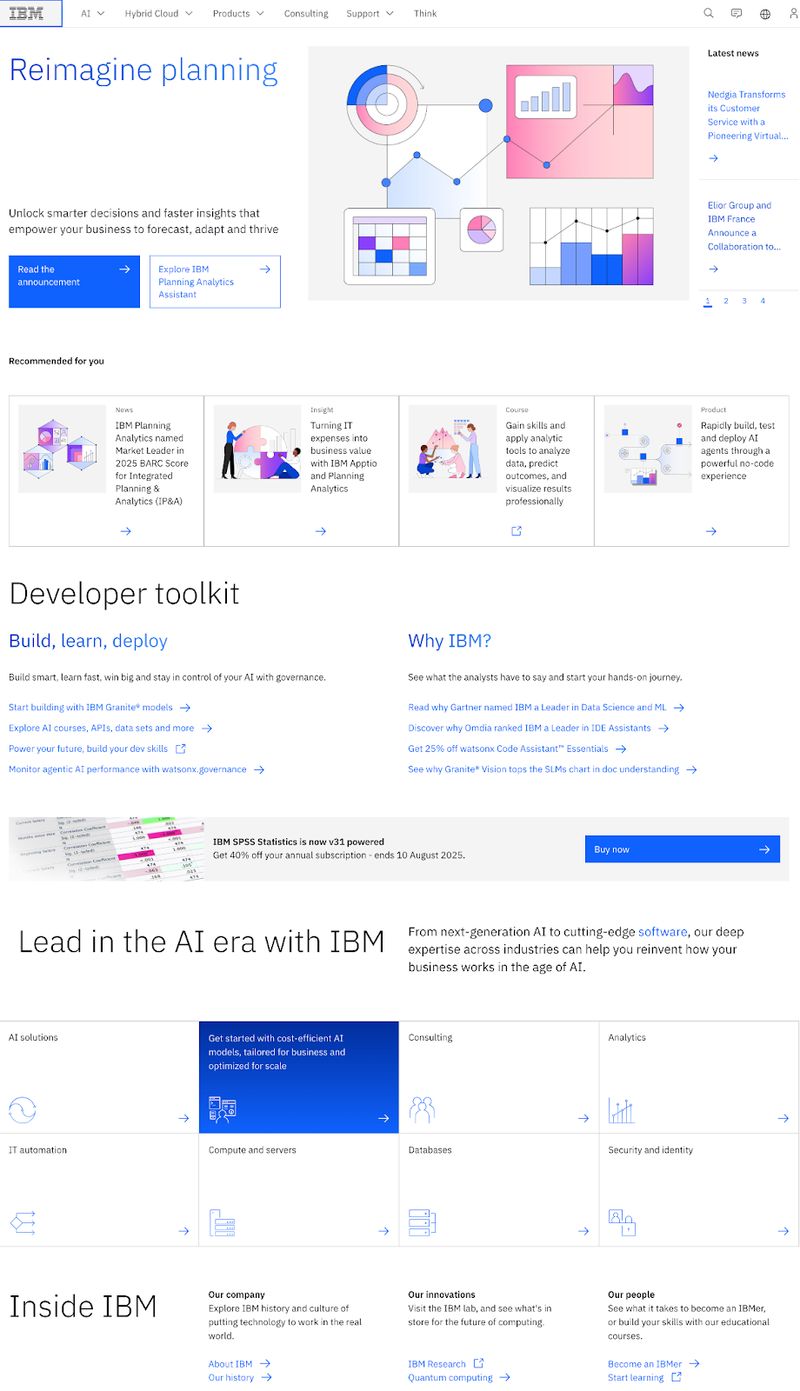 screenshot of IBM's homepage showing enterprise-level design and functionality