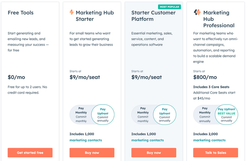 screenshot of HubSpot's pricing menu for individuals and small businesses