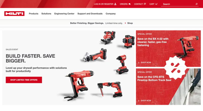 Hilti homepage showing a B2B ecommerce experience with product imagery, promotional pricing, direct purchase CTAs, and navigation that balances shopping with solutions and engineering resources