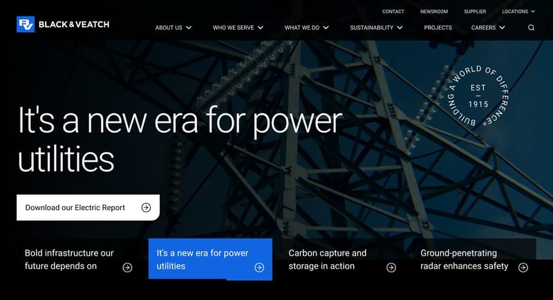 Black and Veatch homepage hero section showing Download our Electric Report call-to-action button alongside content card links