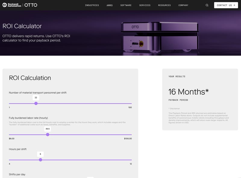 OTTO Motors ROI Calculator showing interactive sliders for personnel, labor rate, and shift data with a calculated 16-month payback period result