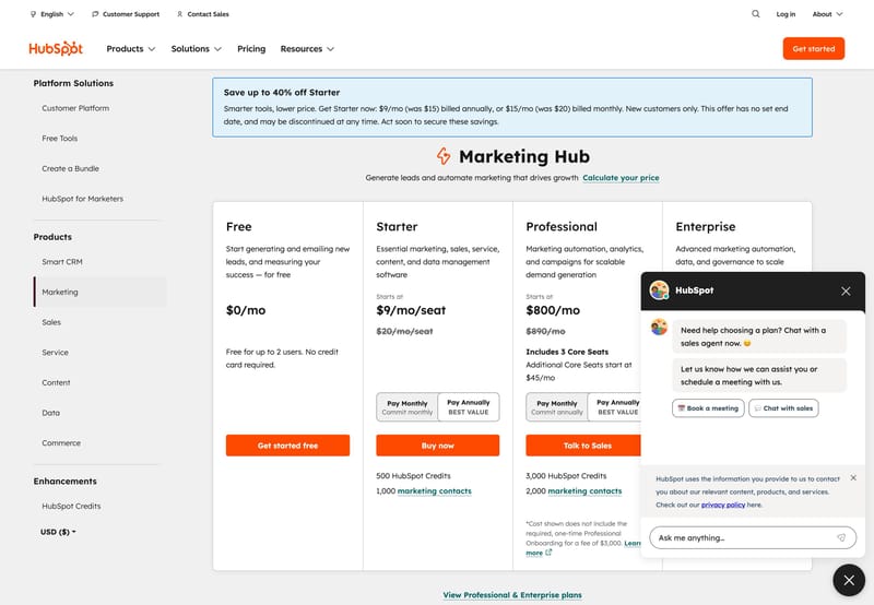 HubSpot pricing page showing Marketing Hub plan tiers with a contextual chat widget offering to help choose a plan and connect with sales