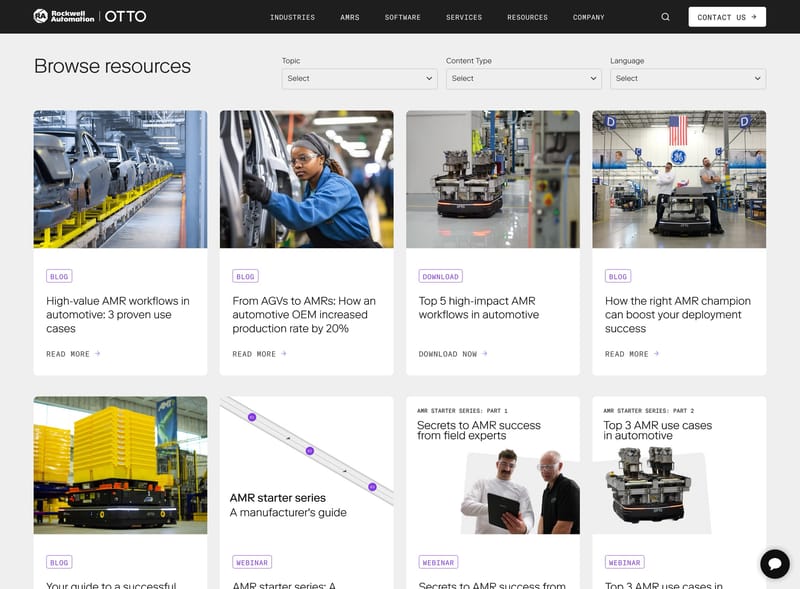 OTTO Motors resource center showing filterable content grid with blog posts, downloadable guides, and webinar recordings organized by topic and content type