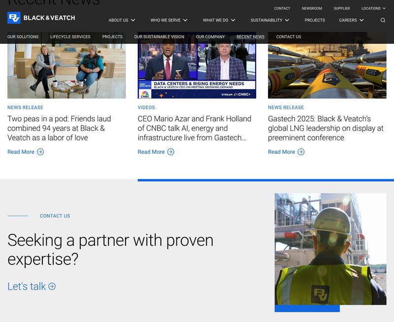 Black and Veatch homepage bottom section showing partner inquiry call-to-action after news and project content