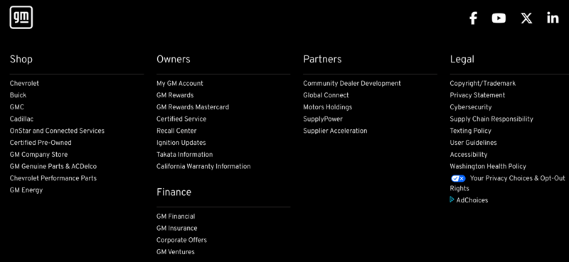 General Motors' website footer featuring clear, accessible links to legal documents