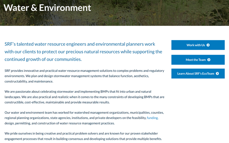 screenshot of B2B engineering and design consulting firm SRF Consulting's "Water & Environment" page