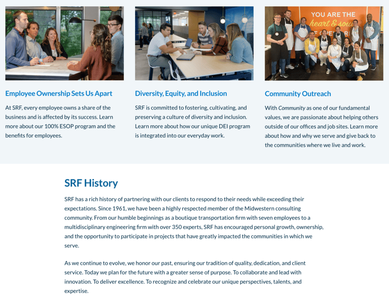 B2B engineering and design consulting firm SRF Consulting's "About" page