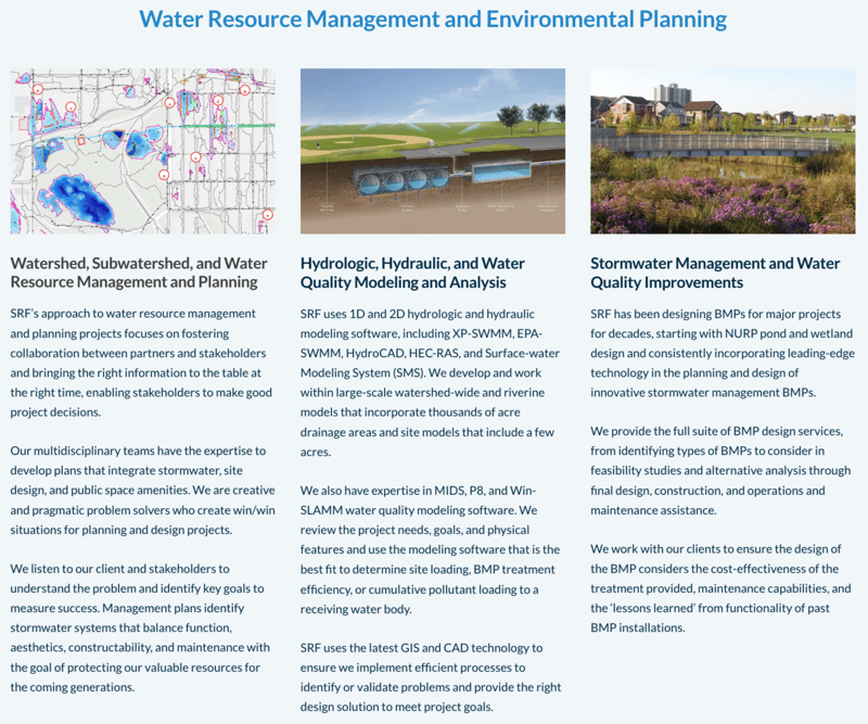 "Water Resource Management and Environmental Planning" section of SRF Consulting's "Water & Environment" page