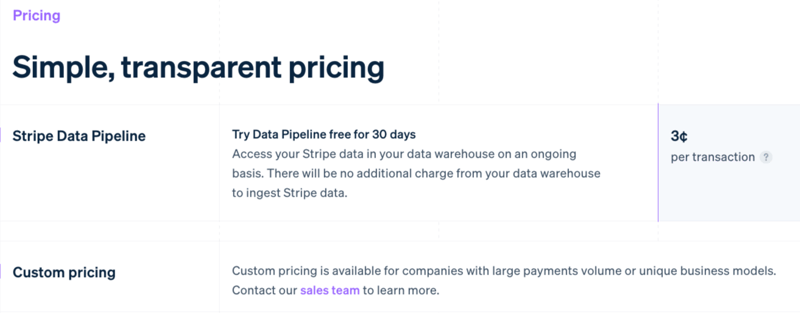 pricing section of B2B financial infrastructure platform Stripe's "Data Pipeline" page
