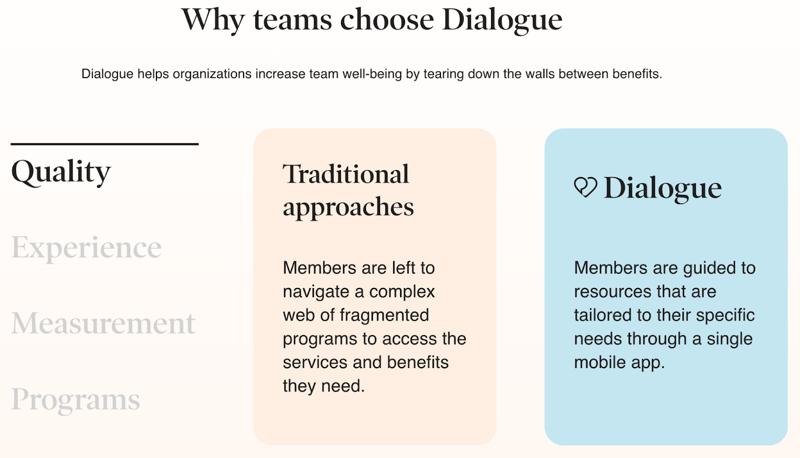 screenshot of a comparison chart on Dialogue's "Why Dialogue?" web page