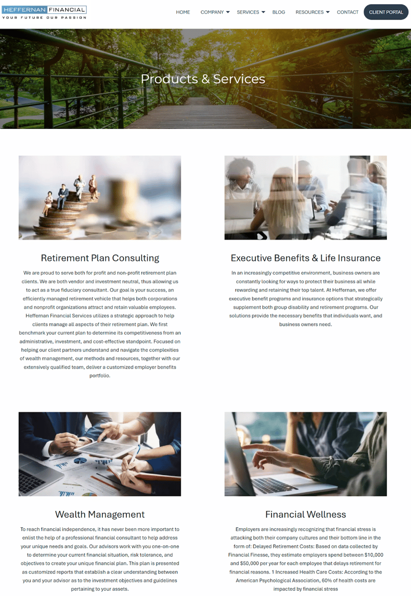 "Products & Services" hub page on Heffernan Financial’s B2B website, showcasing their financial solutions