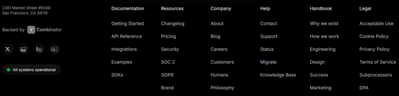 B2B company Resend's well-organized footer menu featuring comprehensive access to all site content