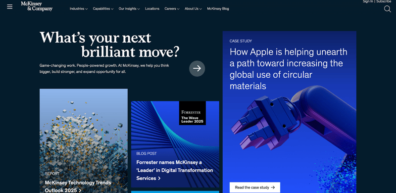homepage hero message from B2B global management consulting firm McKinsey & Company 