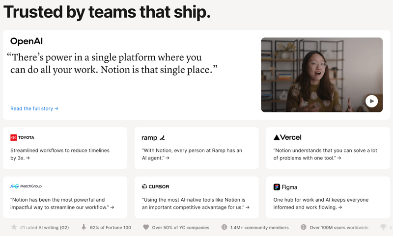 social proof including client quotes on B2B AI workspace company Notion's website homepage