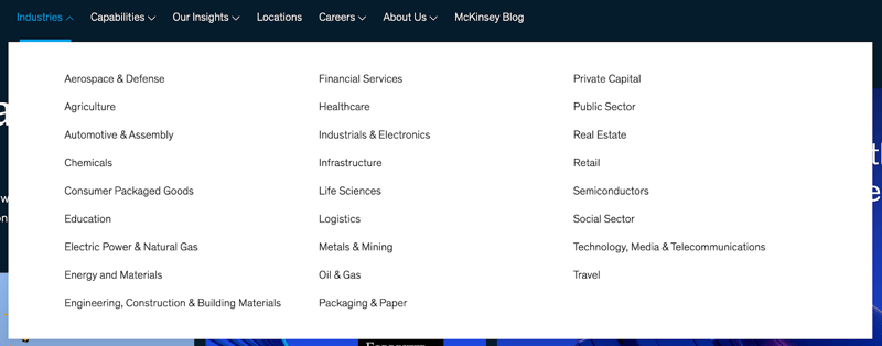 navigation menu showing the “Industries” section of B2B firm McKinsey & Company’s website