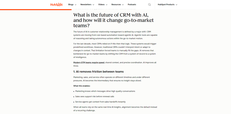 snippet of a HubSpot blog about AI in customer relationship management depicting what H2 and H3 headers and internal links look like