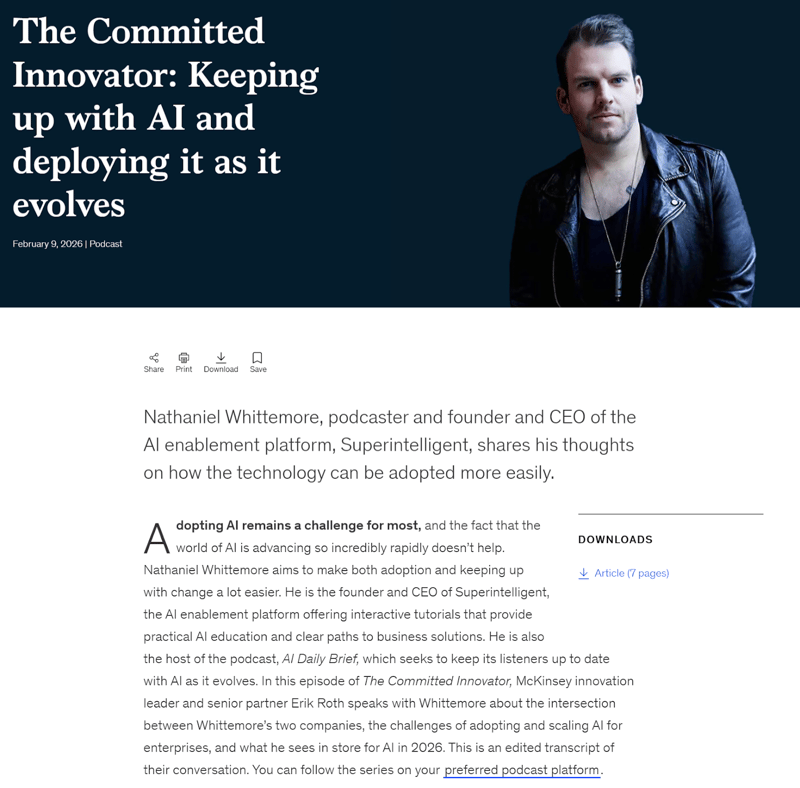 screenshot of a McKinsey article featuring a discussion between the company's innovation leader and the founder of AI platform Superintelligent
