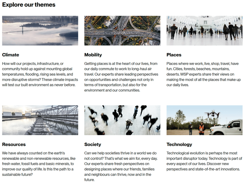 "Explore our themes" section of professional service firm WSP's "Insights" hub page featuring summaries for each theme