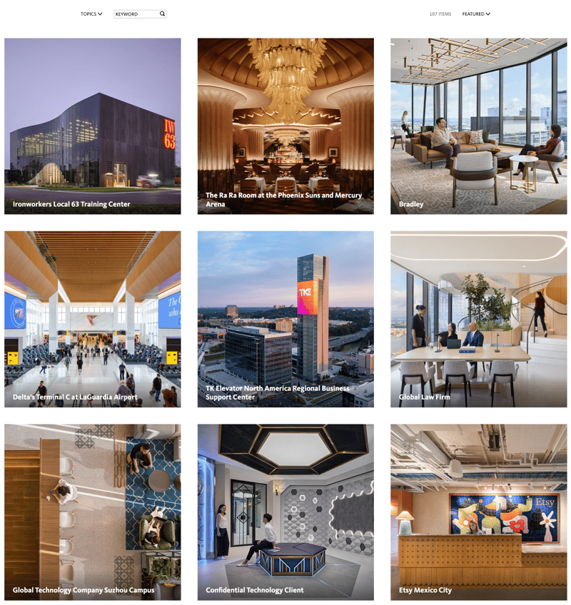 B2B architectural firm Gensler's "Project" gallery page featuring vibrant, authentic photos of past projects