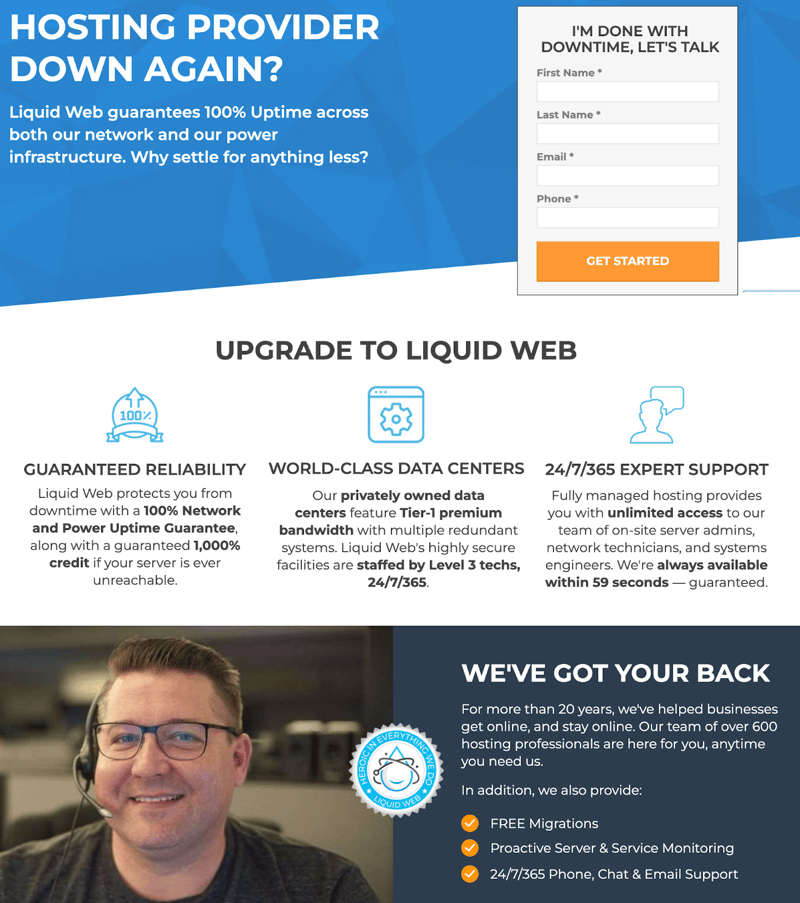hosting page from hosting provider Liquid Web highlighting features like guaranteed reliability and expert support