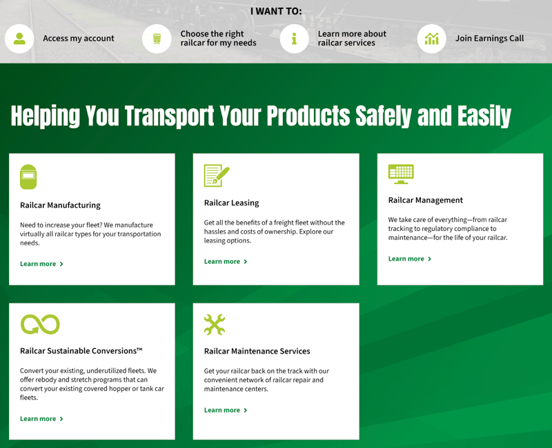 The Greenbrier Companies' homepage featuring clear, buyer-focused language