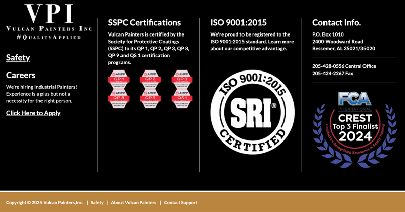 Vulcan Painters, Inc.'s website footer featuring trust badges and certifications