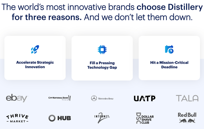 recognizable client logos displayed on Distillery's B2B website homepage