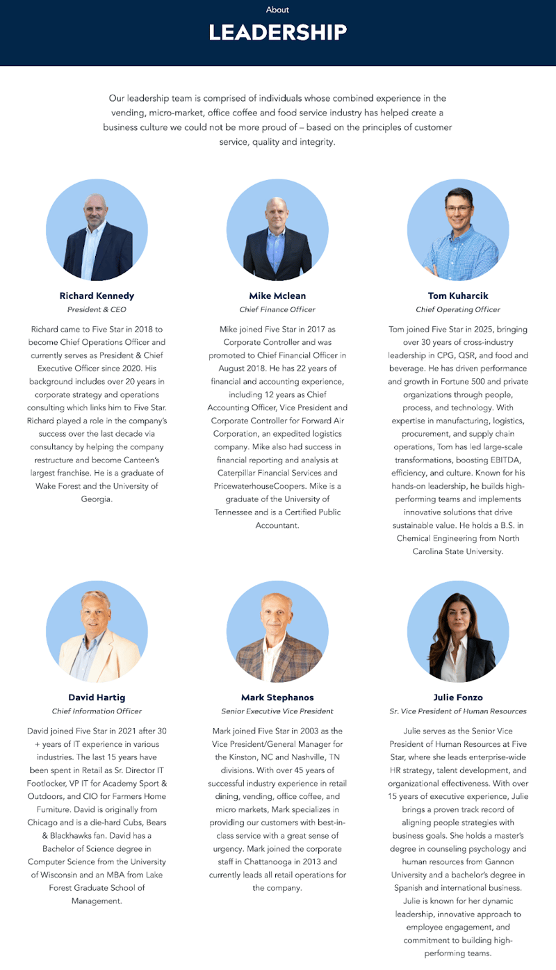 "Leadership" page of B2B company Five Star Breaktime Solutions' website featuring trust-building photos, titles, and bios