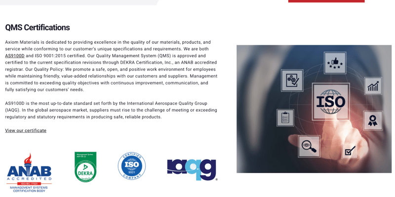 B2B manufacturing company Axiom Materials' "Quality Testing" page featuring QMS and ISO certifications that build trust