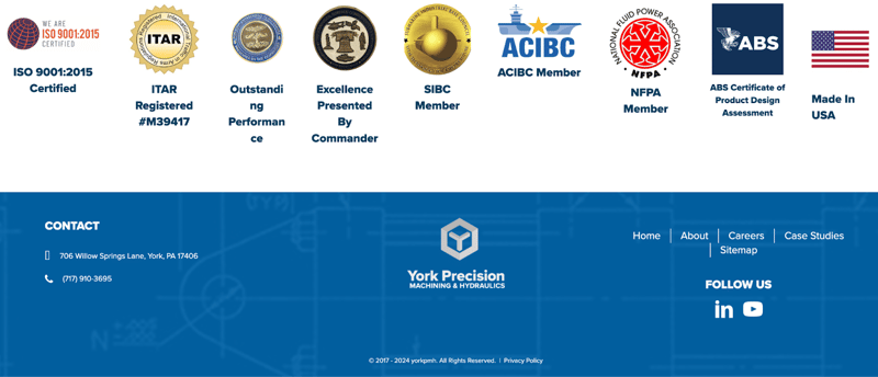 York Precision Machining & Hydraulics' website footer featuring trust badges and certifications