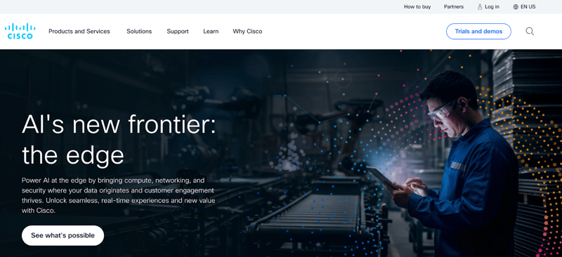 homepage of B2B manufacturing company Cisco showing clean, professional design