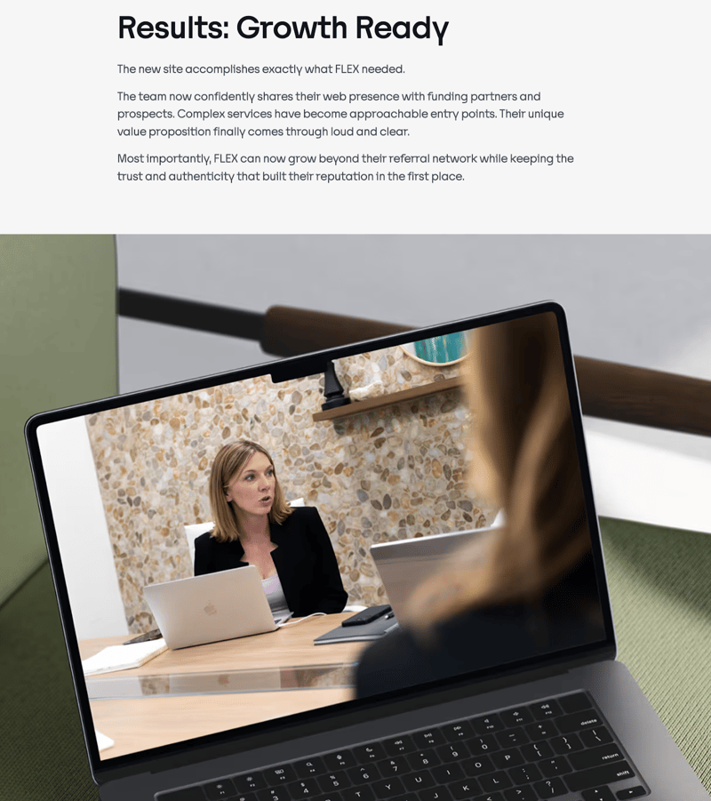 screenshot of Trajectory's case study for Flex Partners showing the results of our website redesign and a photo of a woman on a laptop during a meeting