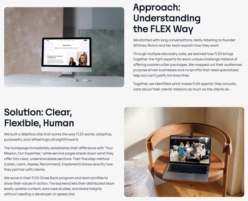 screenshot of Trajectory's case study for Flex Partners showing our website redesign approach and solution