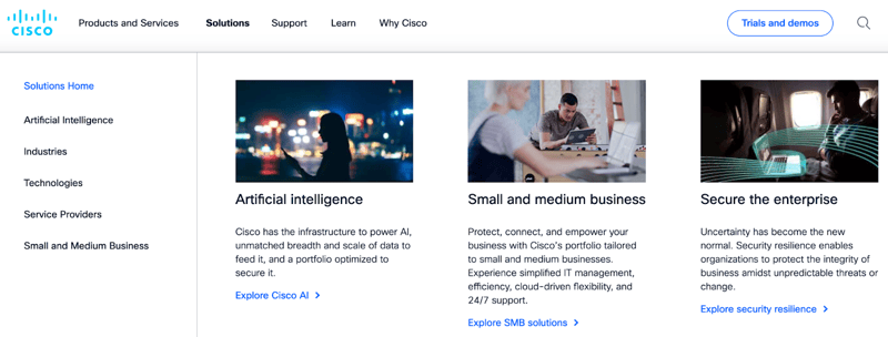 expanded navigation menu of B2B digital technology communications manufacturer Cisco's website
