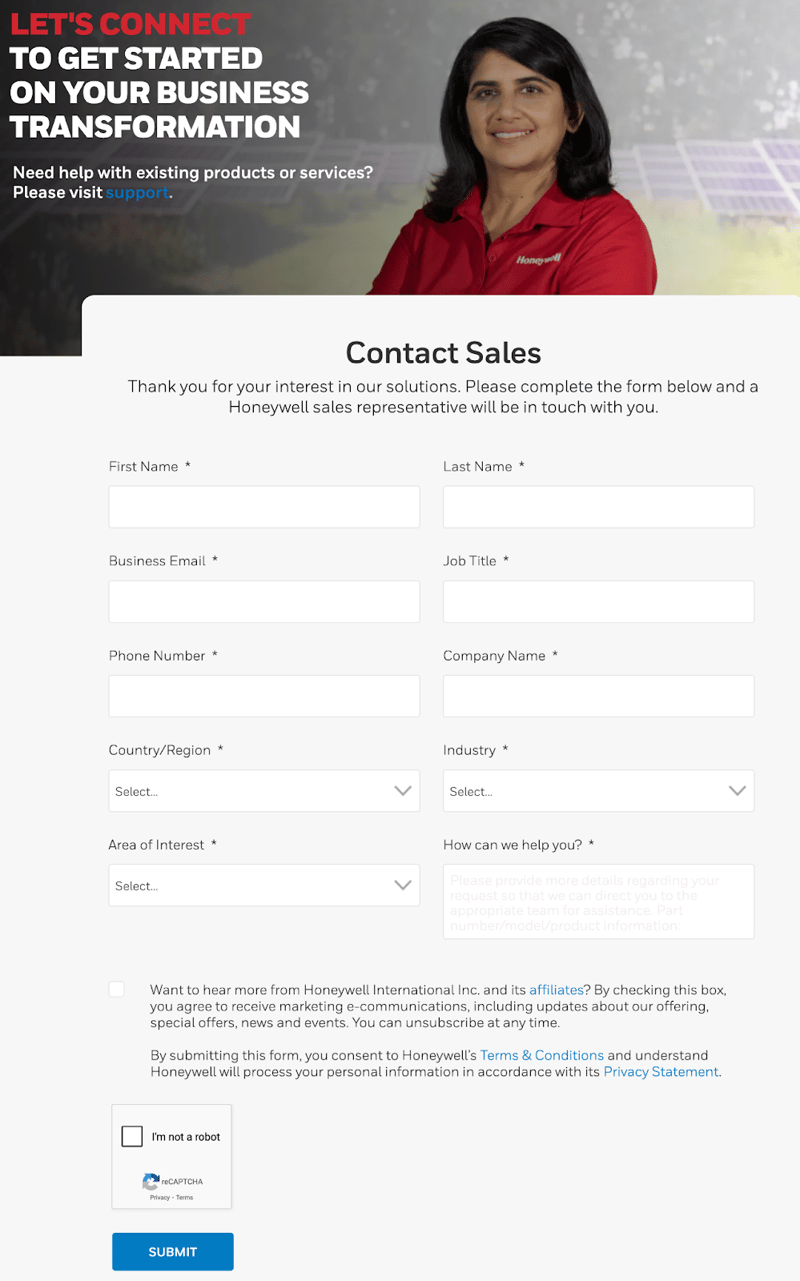 "Contact Sales" form on Honeywell's B2B website