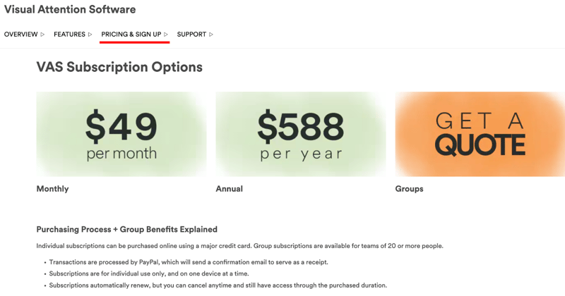 Visual Attention Software pricing page from B2B company 3M