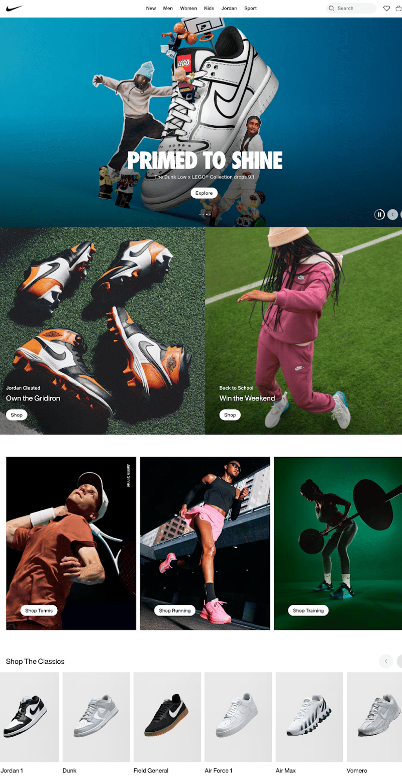 homepage of sporting goods B2C company Nike