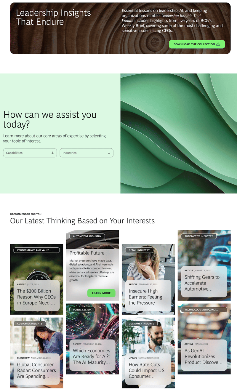 website homepage of B2B consulting firm Boston Consulting Group showing their thought leadership content