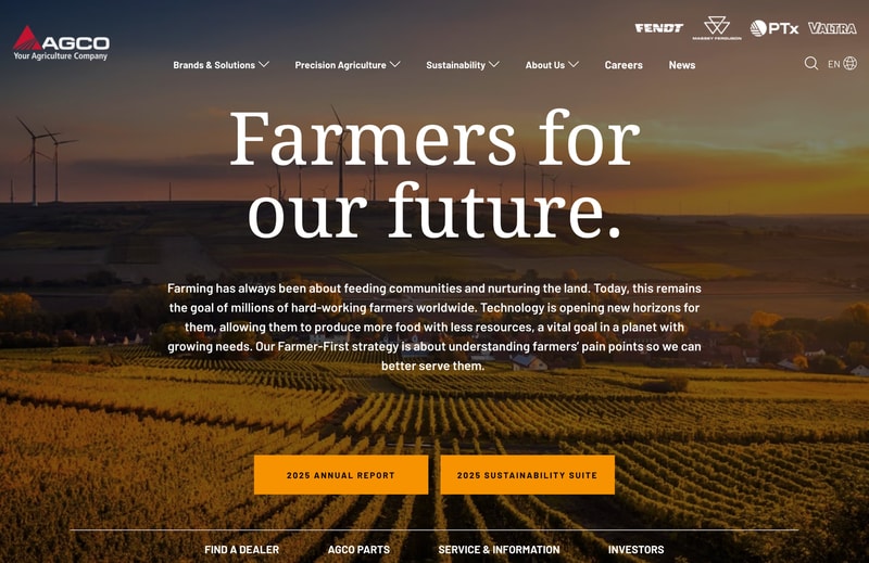 AGCO homepage hero with the headline Farmers for our future over a sunset farmland panorama