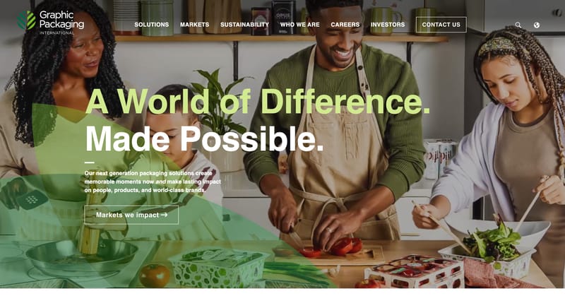 Graphic Packaging homepage hero with the headline A World of Difference Made Possible over a kitchen scene with paper-based packaging