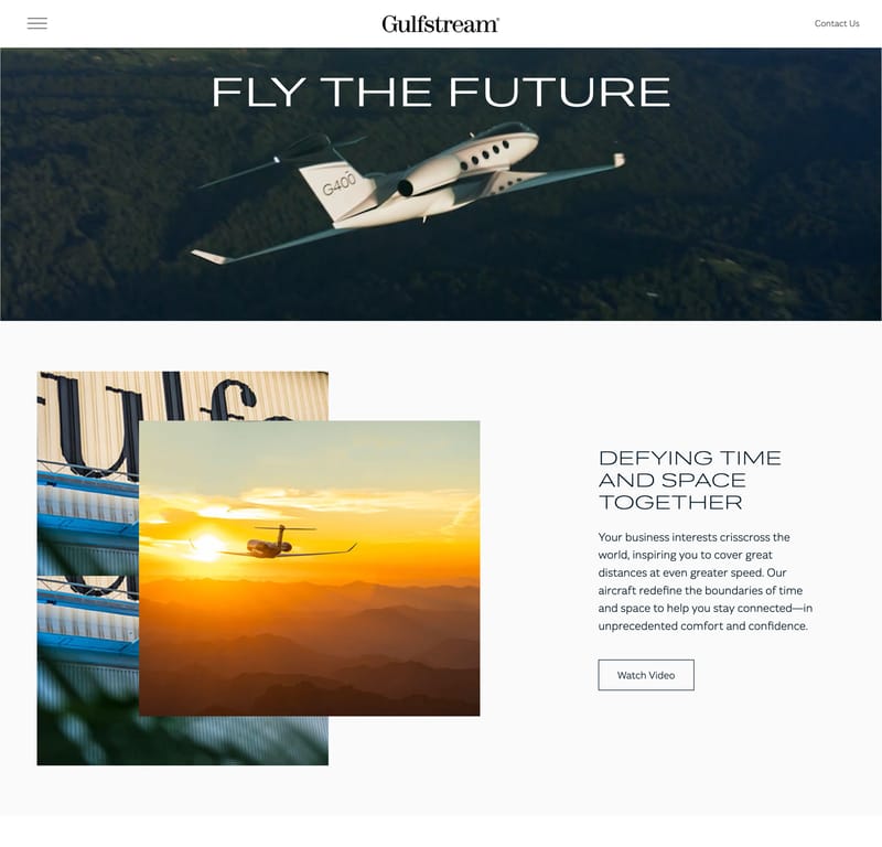 Gulfstream homepage hero with the headline Fly the Future above a G400 business jet in flight