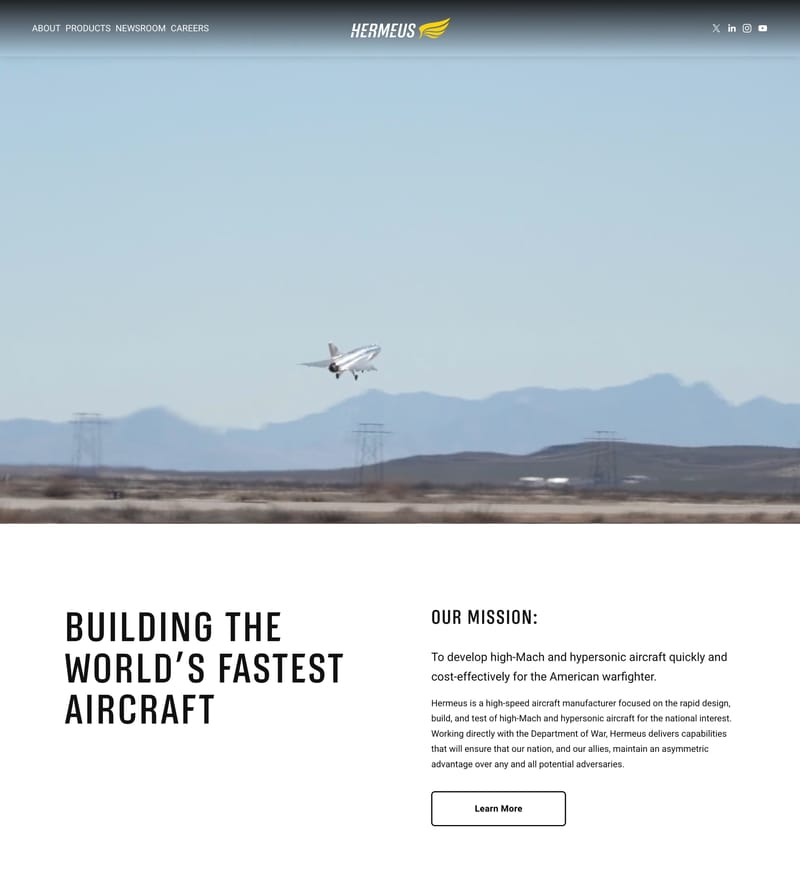 Hermeus homepage hero showing a flight-test aircraft taking off and the headline Building the World's Fastest Aircraft