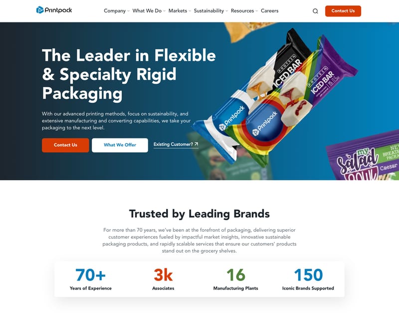 Printpack homepage hero stating The Leader in Flexible and Specialty Rigid Packaging, with a stats bar showing 70+ years and 16 manufacturing plants
