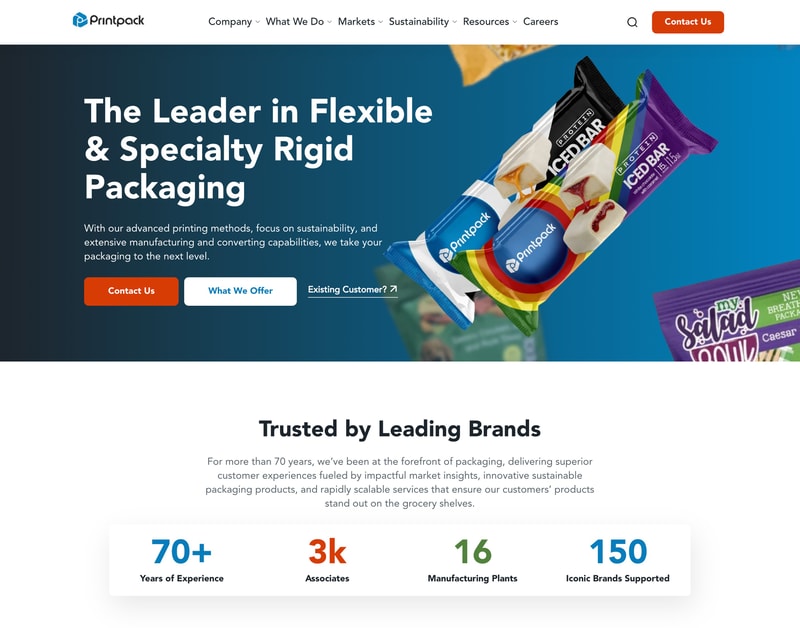 Printpack homepage hero stating The Leader in Flexible and Specialty Rigid Packaging, with a stats bar showing 70+ years and 16 manufacturing plants