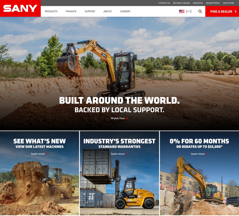 SANY America homepage showing an excavator at a jobsite with the headline Built Around the World, Backed by Local Support
