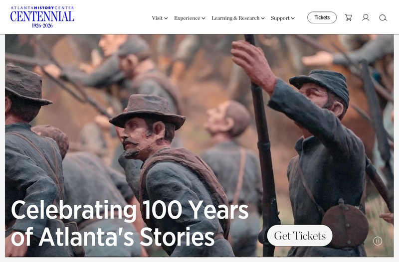 Atlanta History Center homepage with Centennial logo and Celebrating 100 Years of Atlanta's Stories hero over Cyclorama figures