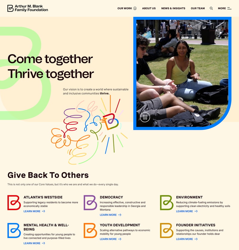 Arthur M. Blank Family Foundation homepage with pastel B monogram, Come Together Thrive Together hero, and six areas of giving cards