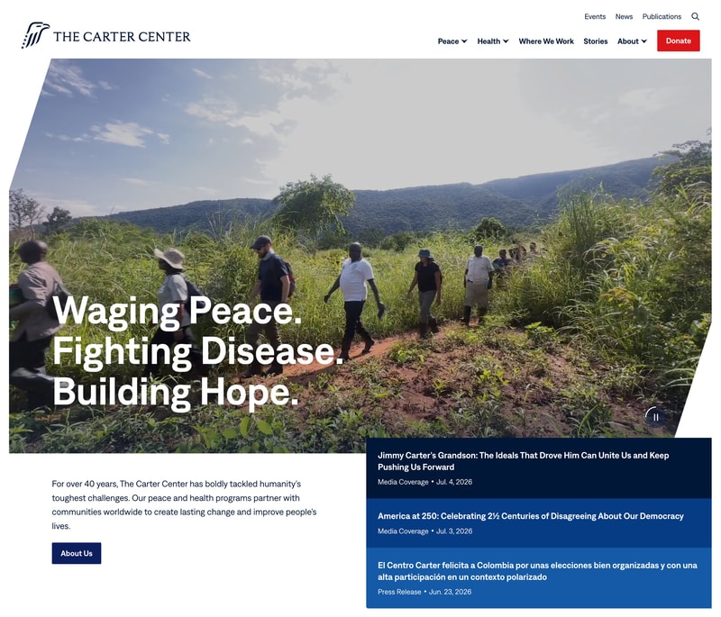 The Carter Center homepage with Waging Peace Fighting Disease Building Hope headline over field footage and a red Donate button in the navy header