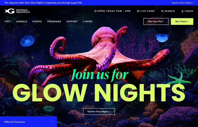 Georgia Aquarium homepage with neon Glow Nights seasonal takeover, booking buttons, and live cams in the header