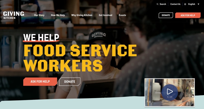 Giving Kitchen homepage hero with We Help Food Service Workers headline and side-by-side Ask for Help and Donate buttons